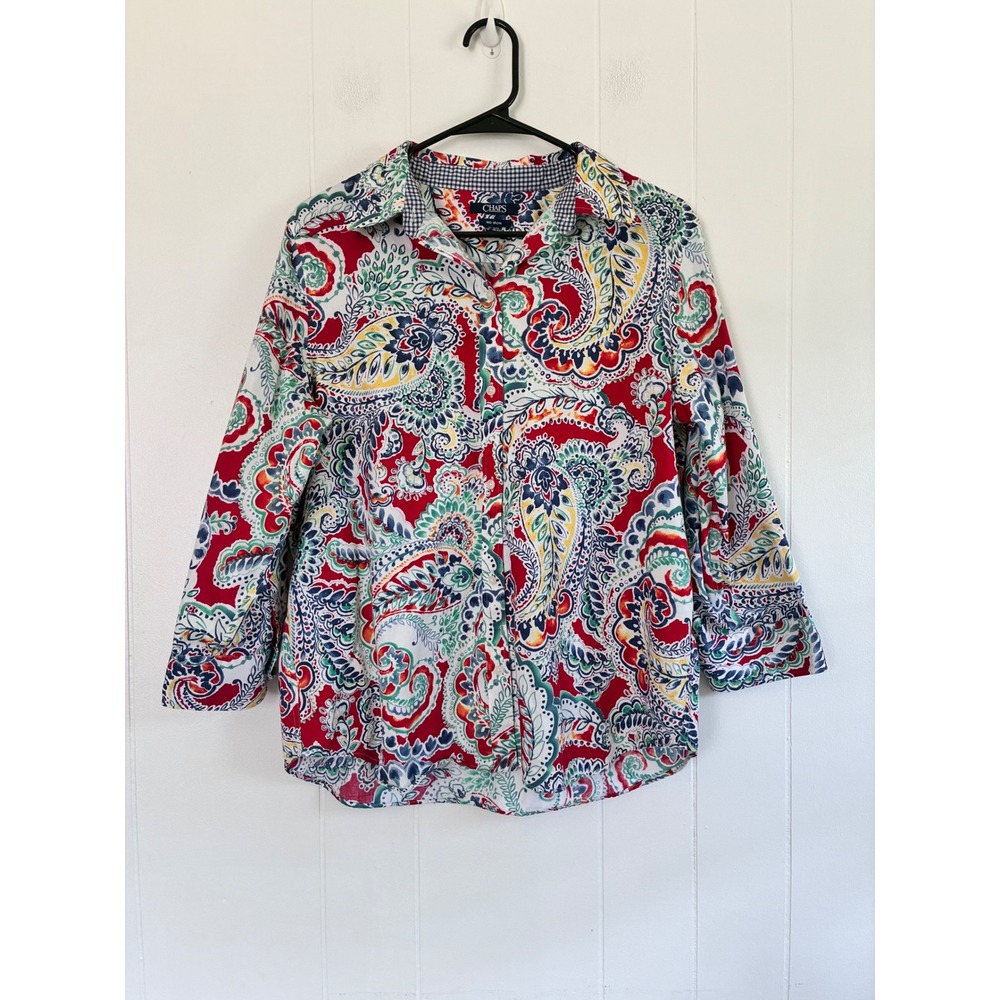 Chaps Womens XL No Iron Cotton Paisley Button Down Shirt Multi Color Long Sleeve